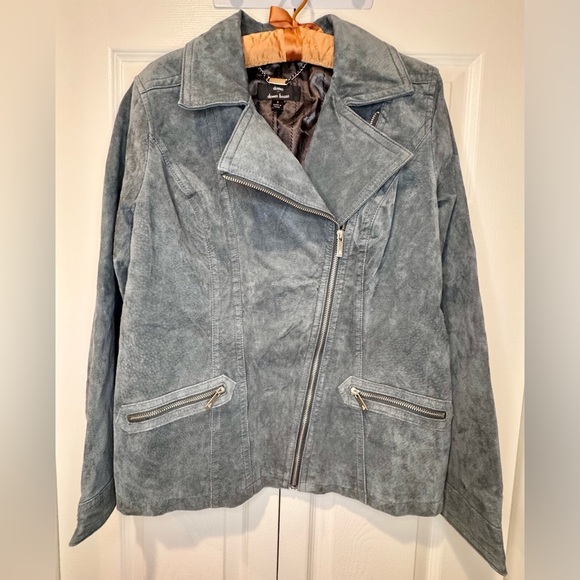Dennis Basso Women's Gray Lined Full Zip Suede Leather Jacket Size small. VGUC - Picture 1 of 11